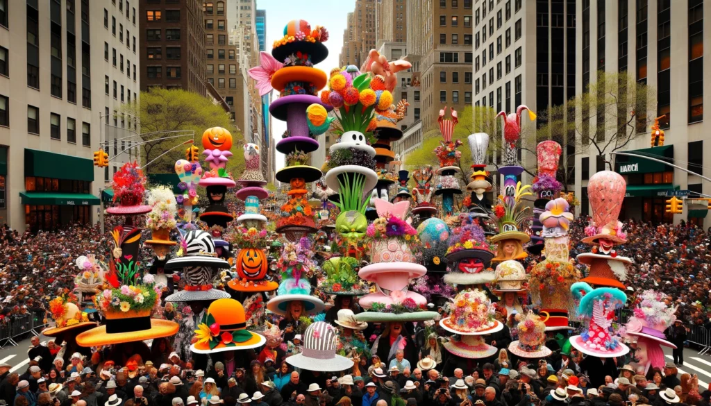Energetic AI-generated NYC Easter Parade with extravagantly large hats