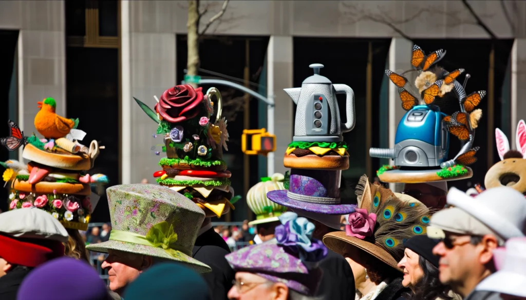 Photorealistic AI image of NYC Easter Parade with detailed hats