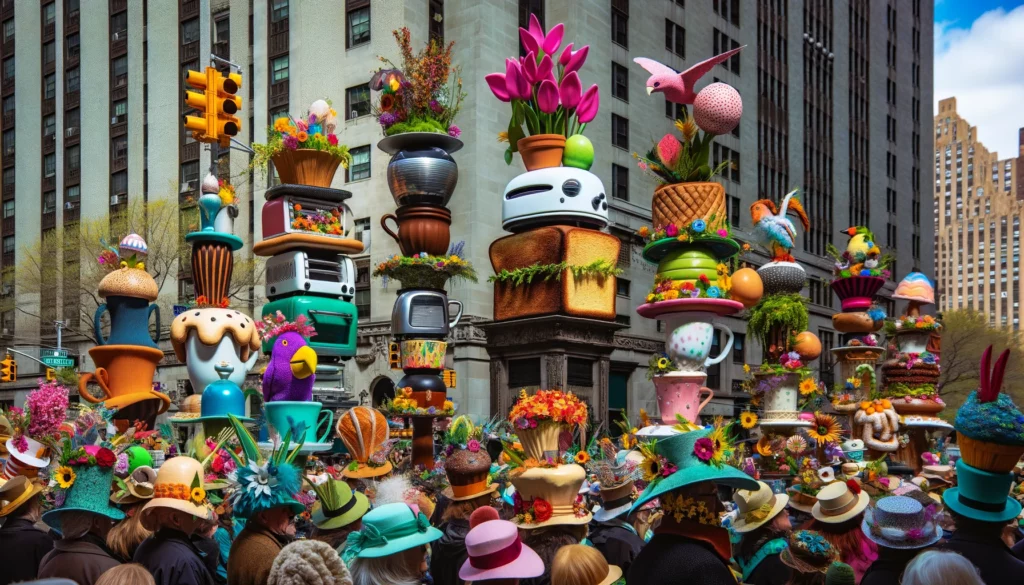 Vibrant scene from the NYC Easter Parade with imaginative hats